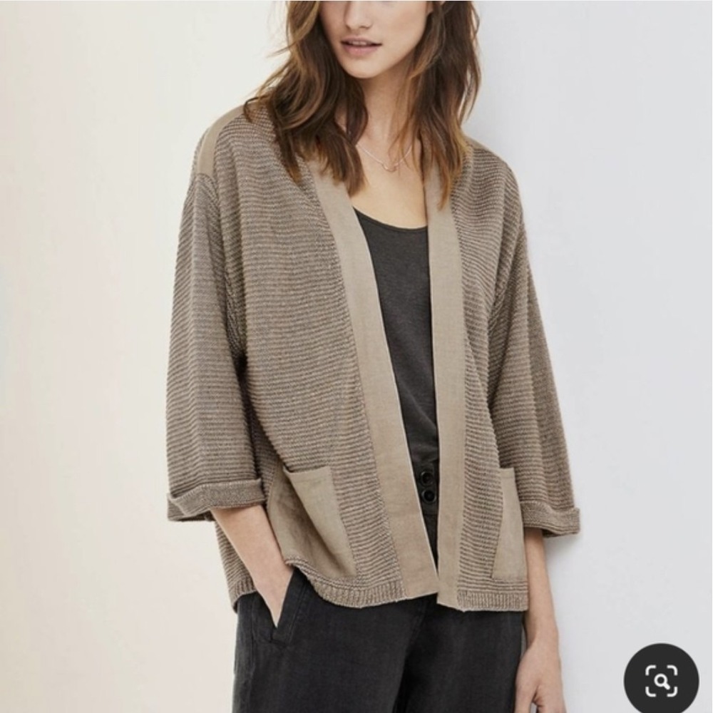 Poetry 100% Linen Knit Open Front Cardigan Taupe Kimono Sleeve Pockets US 12/14